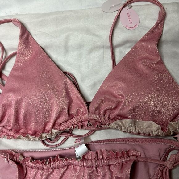 Penti Pink Shimmer Ruffle String Bikini. New. Size 36 top and size 40 bottom. - Picture 2 of 14
